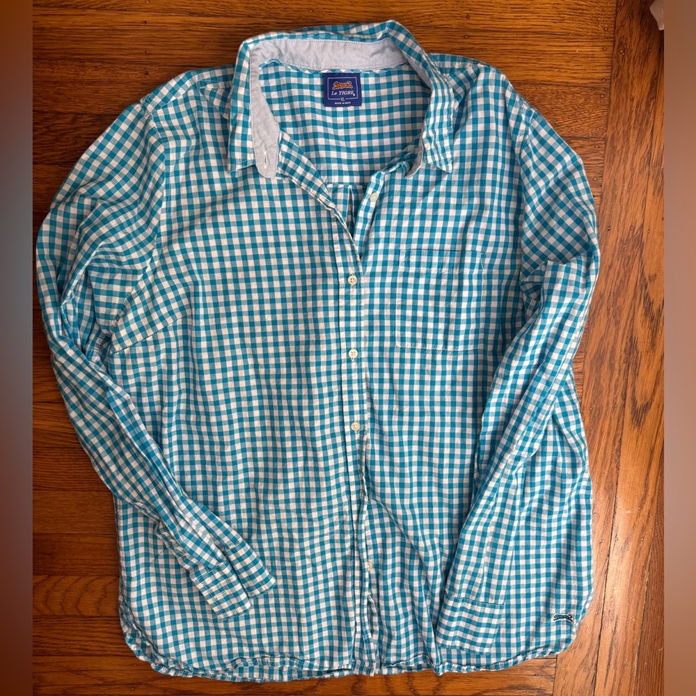 Le Tigre Turquoise Blue Gingham Button Down Women’s Size XL